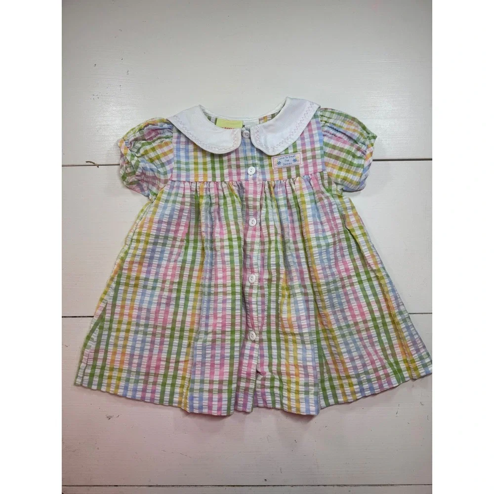 In Design Kids Vintage Pastel Rainbow Gingham Seersucker Dress 2T Sailor Collar